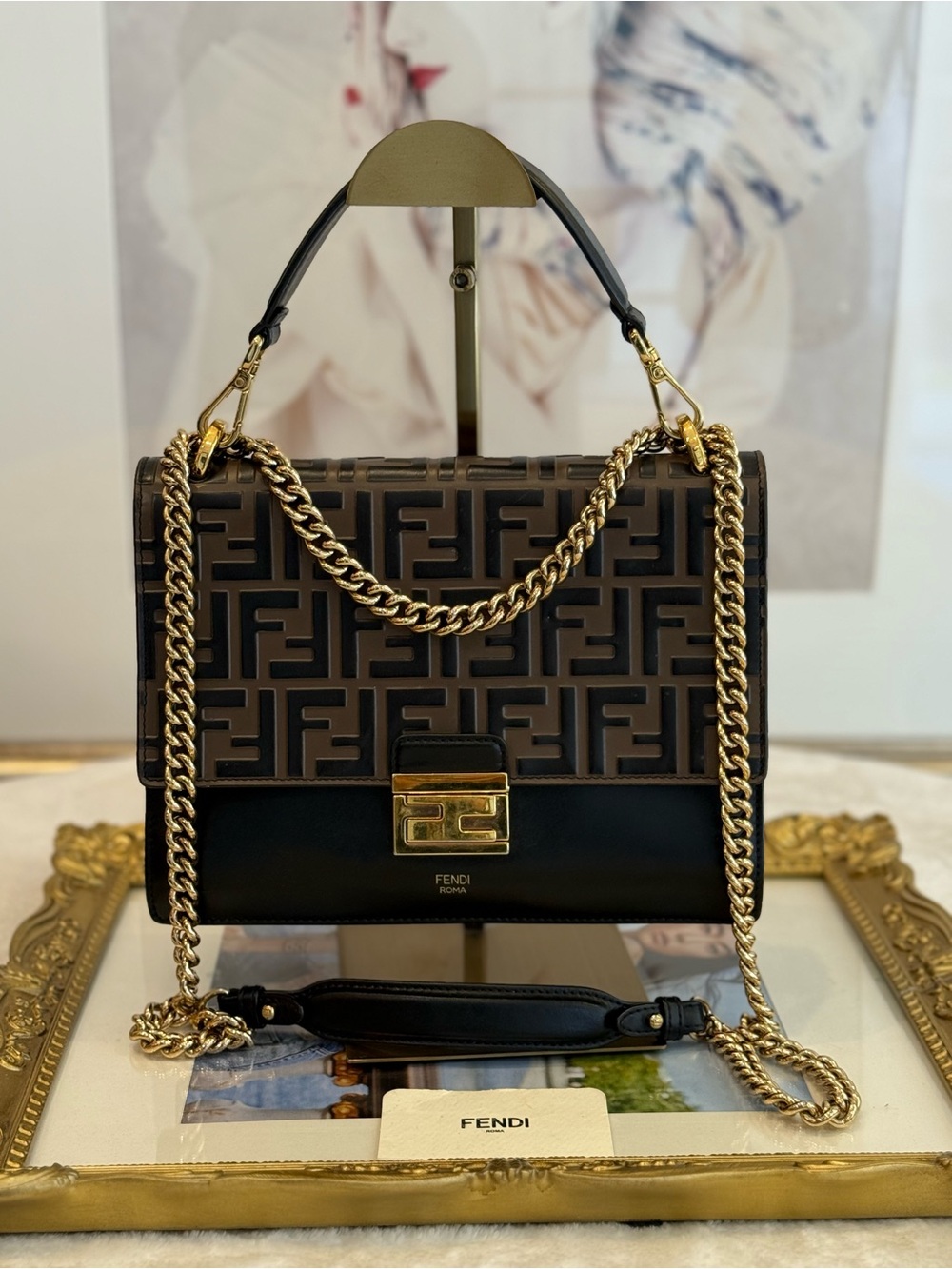 Fendi Brown and Black FF Logo Chain Shoulder Bag